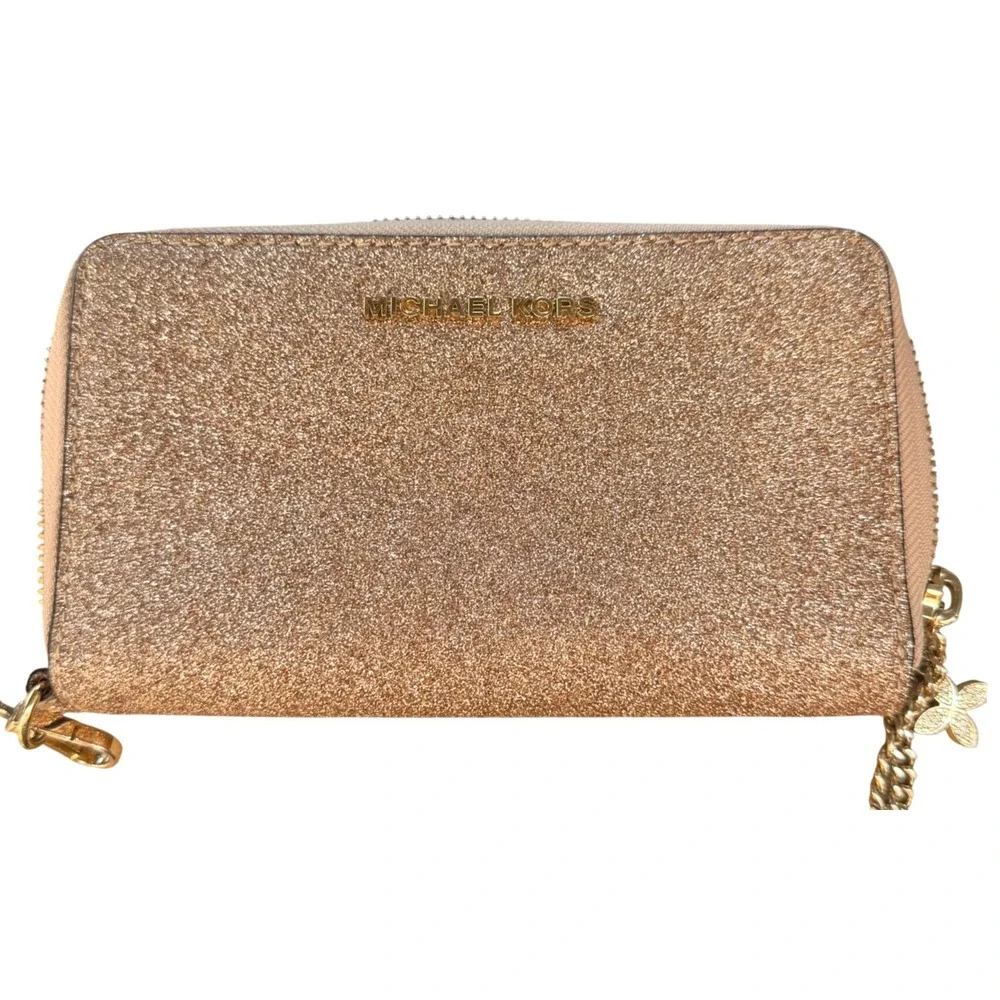 Michael Kors Wallet Rose Gold Glitter Zip Around Continental Wristlet Large Glam